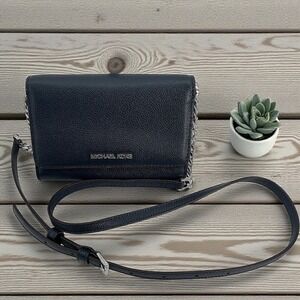 Michael Kors Navy Leather Chain Strap Wristlet Wallet Clutch Purse